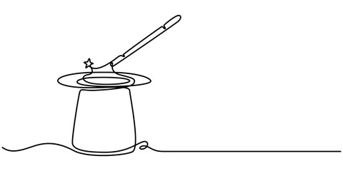 Magic hat with a wand of continuous one line drawing, Magician's Hat Icon on Transparent Background, Magic has outline pro vector illustration. minimal concept one line icon.