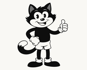 Obraz premium Vintage Cartoon Cat Mascot in Black and White Illustration with Retro Animation Style