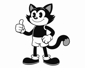 Vintage Cartoon Cat Mascot in Black and White Illustration with Retro Animation Style