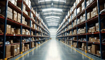 Industrial warehouse with high ceilings, organized shelves, and efficient layout.

