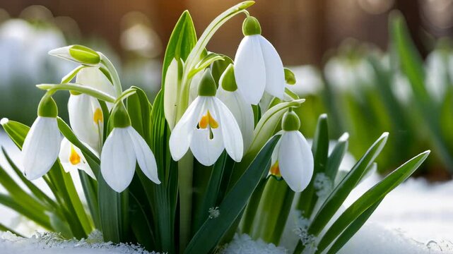 Blooming snowdrops in melting snow as spring emerges gracefully