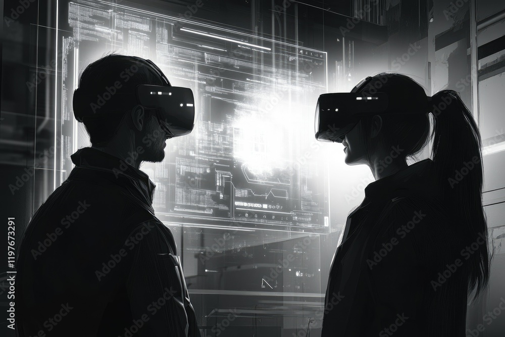 Poster two individuals wearing vr headsets interact with a futuristic digital interface, exploring a virtua