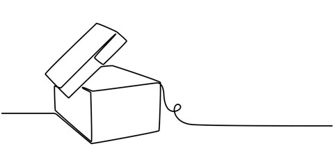 one line drawing continuous design of opened gift box isolated on white background, Continuous one line drawing of cardboard boxes. Simple Stack of cardboard boxes line art vector illustration. pro. 