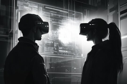 Two individuals wearing VR headsets interact with a futuristic digital interface, exploring a virtual world.