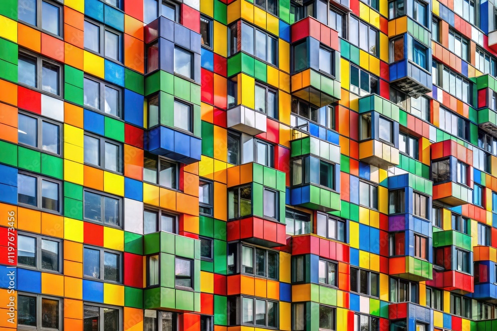Poster abstract camouflage: a building's facade is clad in multicolored geometric squares and rectangles.