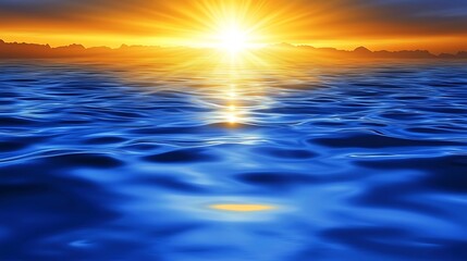 Obraz premium Golden Horizon: A radiant sun bursts forth over a vast expanse of tranquil water, creating a breathtaking scene of light and reflection.
