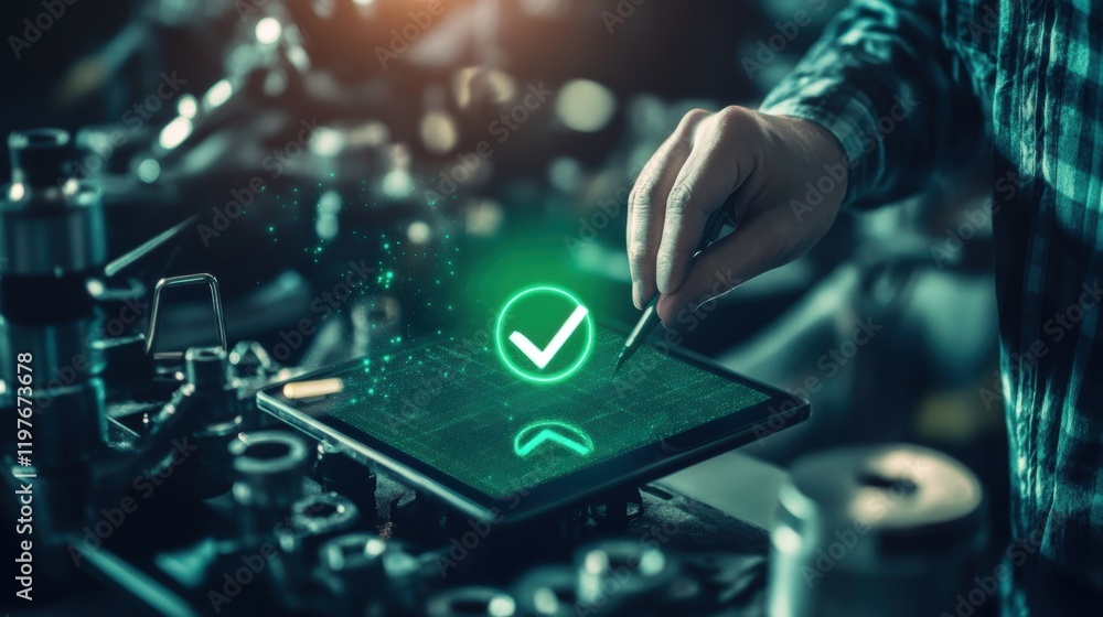 Poster an engineers hand gestures over a tablet with a luminous green checkmark surrounded by tools and var