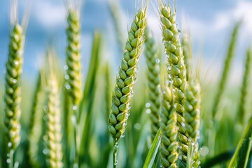 A close-up of water droplets on green wheat stalks.