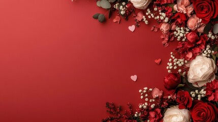 A vibrant red canvas adorned with delicate flowers and lush leaves, creating a romantic backdrop perfect for heartfelt messages on Valentine's Day.