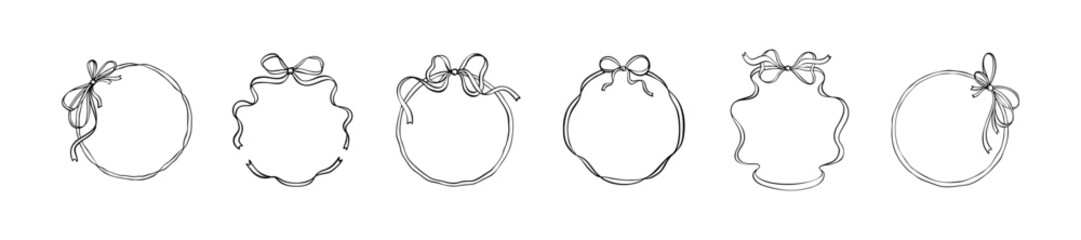 Set of whimsical wavy ribbon circle frames with bows. Cute line doodle drawings. Round hand drawn vintage border for wedding, birthday, Christmas, menu design and cards. Coquette flirting girly style