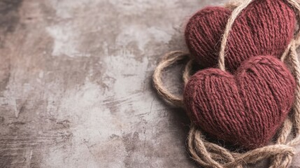 Two vibrant red hearts entwined in rustic twine rest upon a textured wooden surface, symbolizing love and connection on Valentine's Day.