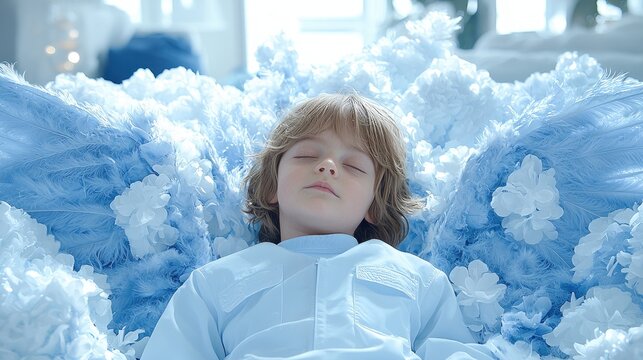 "Majestic Angel Wings Enveloping Newborn: Awe-Inspiring, Ethereal Digital Backdrop with Intricate Feathers"