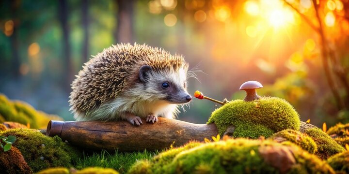 Adorable hedgehog panorama; puffing on a pipe, a whimsical wildlife scene.