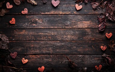 A beautiful array of vibrant hearts scattered on a rustic wooden surface, symbolizing love and affection, perfect for celebrating Valentine's Day.