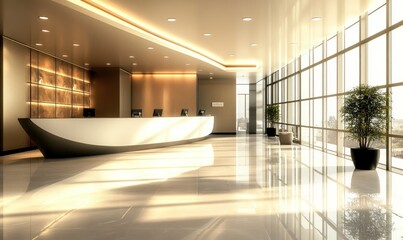 Luxurious reception with a curved desk, golden lighting, and large windows creating an upscale ambiance