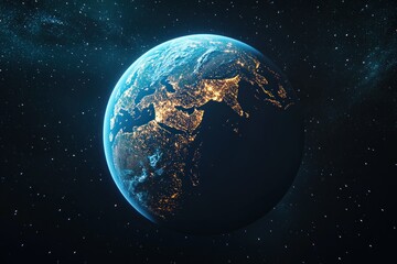 Fototapeta premium Earth at night from space, illuminated by city lights with a stunning view of continents and oceans against a starry backdrop