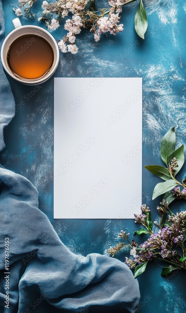 Aufkleber Blank mock up with coffee cup and fresh flowers on blue textured surface for creative designs and text placement. Generative AI