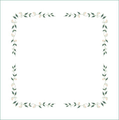 Elegant green vegetal ornamental frame with leaves and small flowers, decorative border, corners for greeting cards. Isolated vector illustration