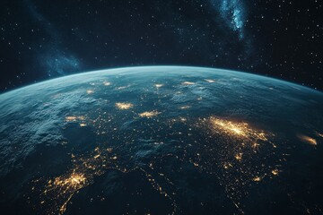 Fototapeta premium Earth's curvature at night, illuminated by city lights, with a starry sky and glowing atmosphere showcasing global beauty from space