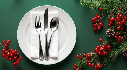 Elegant Christmas Table Setting with Festive Decoration and Pine Cone