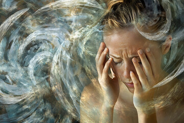 Artistic depiction of chronic fatigue in women, showing a tired woman with dark circles, slumped posture, and swirling abstract shapes symbolizing exhaustion and overwhelm.