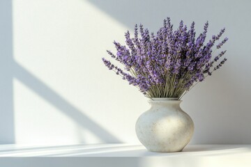A bouquet of lavender in a rustic vase sits on a white surface, bathed in sunlight.