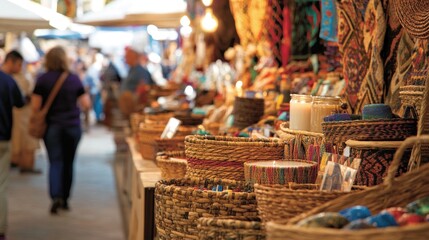 Artisan market stalls overflowing with handcrafted items, baskets, textiles, and candles in a bustling outdoor marketplace. People browsing the stalls.