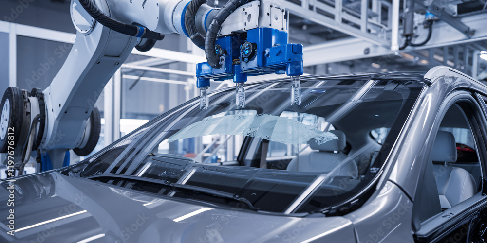 Aufkleber robotic arm installing car windshield. a high-tech robotic arm meticulously installs a car window on