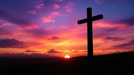 Silhouette of a Cross at Sunset with Vibrant Sky