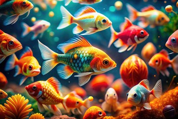 Fototapeta premium A tilt-shift lens reveals a vibrant orange fish, striped and small.