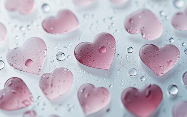 Obraz premium Heart-shaped bubbles dance on a pristine white surface, glimmering with water droplets, creating a whimsical scene of love and romance for Valentine's Day.