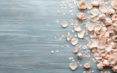 A charming display of sea shells rests on a rustic blue wooden table, evoking memories of beach strolls and romantic seaside getaways.