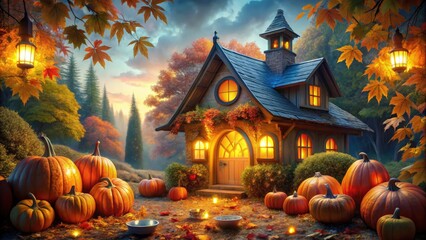 Obraz premium Autumn leaves frame a jack-o'-lantern house, windows aglow on Halloween.