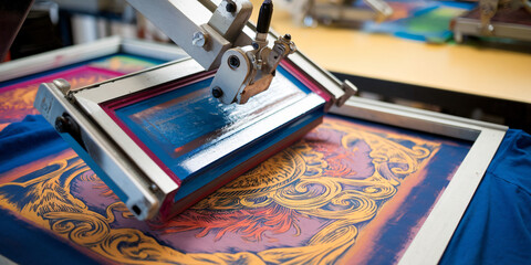 Silk Screen Printing Machine in Operation. A close-up, eye-level shot of a silk screen printing machine in the process of transferring vibrant ink onto a surface.