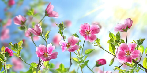 Obraz premium New Year celebrations embrace fresh starts and blooming botanical flowers. Delicate Pink Flowers Blooming Under Bright Sunlight Outdoors