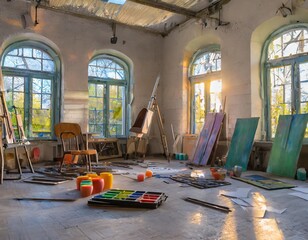 Symphony of Colors in an Abandoned Art Studio Bathed in Sunset Glow