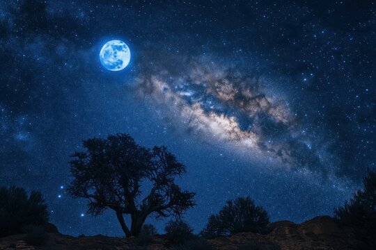 Brilliant blue moon and the Milky Way shining above a silhouette of a lone tree in a serene night landscape