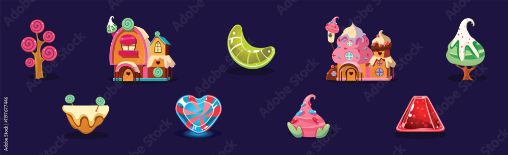 Poster candy and sweet of different shape and color as game element vector set