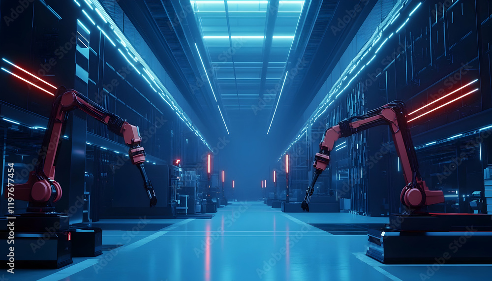 Poster futuristic smart warehouse featuring robotic arms and ai-driven inventory systems for logistics opti