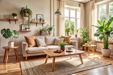 Fototapeta premium Beige sofa anchors a Scandinavian living room, complemented by a wooden coffee table, plants, and vintage photography.