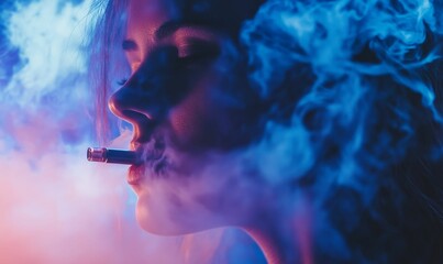 Fototapeta premium Woman's face, vaporizer, colorful smoke, side profile.