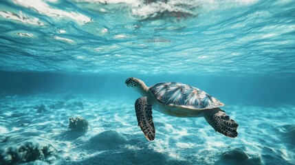 Obraz premium Turtle Swimming in Clear Ocean Waters
