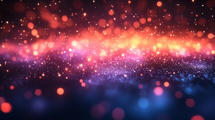 Fototapeta premium Glimmering Lightscape: A mesmerizing digital artwork of vibrant, sparkling particles forming a celestial landscape. Colors shift from deep blues to fiery oranges and reds