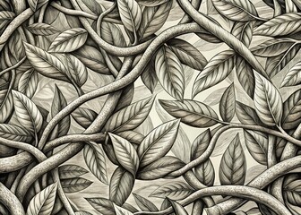 Black and white botanical illustration: textured leaves, intricate branches, a fine art nature print.