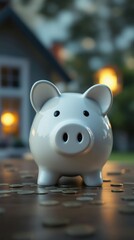 white ceramic piggy bank in a cozy outdoor setting at twilight, representing financial savings, goals, and the importance of managing personal finances