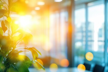 Abstract blur of an office space with vibrant light effects and warm tones creating a dynamic and modern ambiance