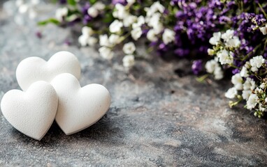 Fototapeta premium Three delicate white hearts rest on a table, surrounded by vibrant flowers, creating a romantic and enchanting Valentine's Day atmosphere.