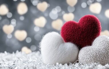 Fototapeta premium Two vibrant hearts rest on a cozy blend of white and red wool, symbolizing warmth and love this Valentine's Day.