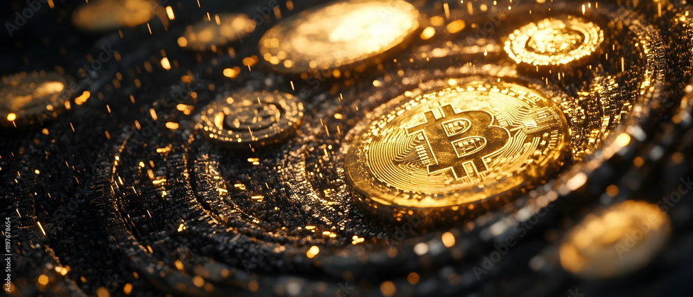 Poster golden bitcoin coins displayed on a fluctuating chart, symbolizing blockchain technology -