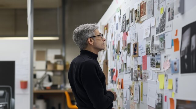 A product designer thoughtfully reviewing user feedback, their workspace adorned with a mixed-media board displaying images and notes.